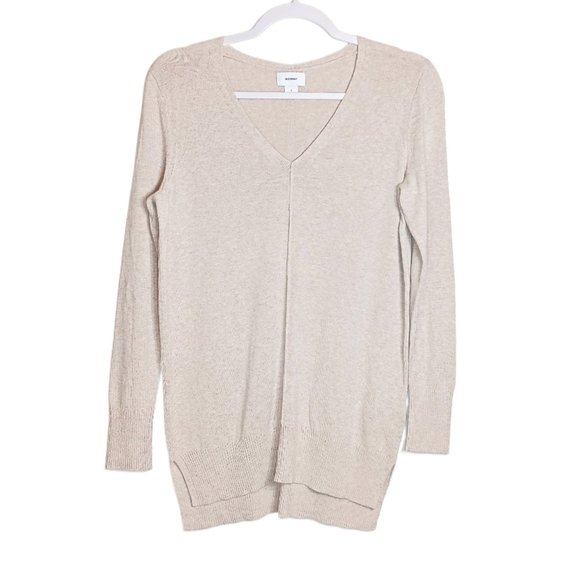 Old Navy Pullover Sweater Womens Small Beige Ribbed Trim V-Neck Lagenlook Preppy - Picture 5 of 5